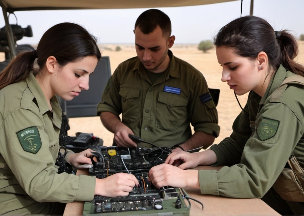 Prompt: IDF technicians, both male and female, troubleshooting and repairing military communication systems during a field exercise. They are using specialized tools and equipment to quickly address and resolve technical issues