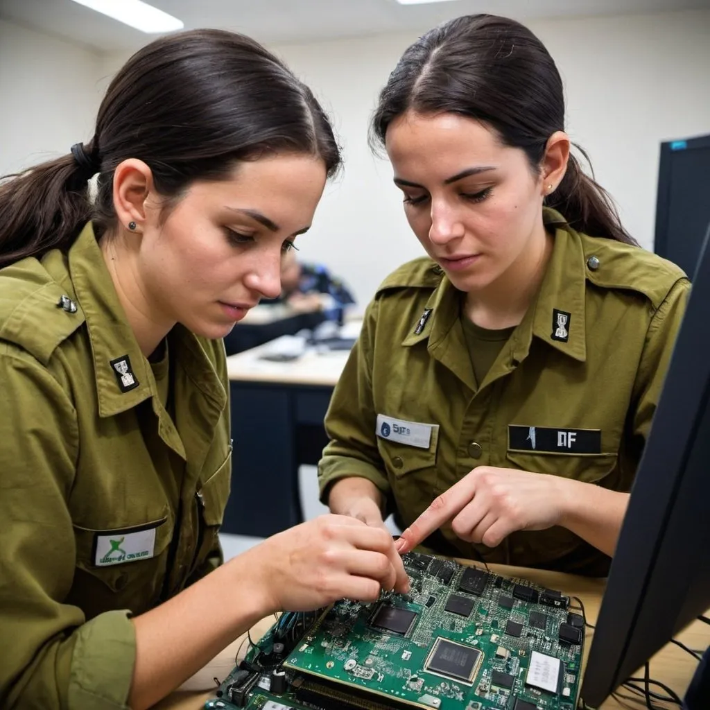 Prompt: 2 female IDF soldiers fixing a computer chip