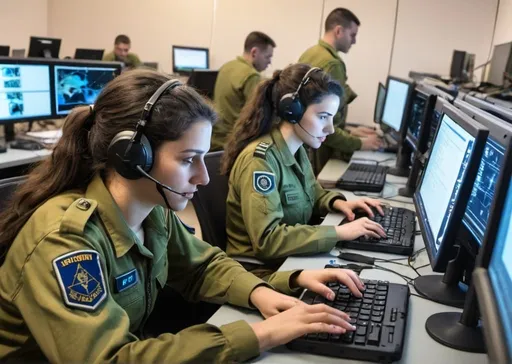 Prompt: IDF cyber soldiers, both male and female, engaging in classified technological operations within the cyber units of Military Intelligence. They are applying foundational cyber skills acquired in the Amnon course to support critical missions