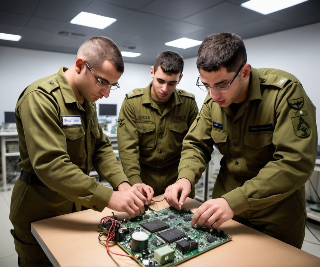 Prompt: IDF soldiers participating in an intensive electronics and physics training course, focused and engaged with complex circuit boards and testing equipment in a high-tech lab setting