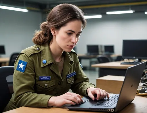Prompt: a woman in an IDF uniform is fixing a laptop computer with a screwdriver , De Hirsh Margules, les automatistes, promotional image, a character portrait