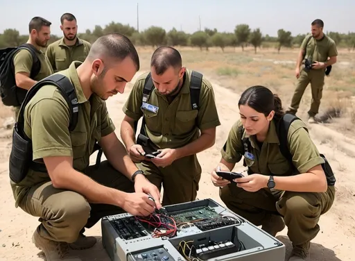 Prompt: IDF communication systems technicians, men and women, troubleshooting and fixing a critical communication breakdown at a field location. They are hands-on with advanced technical equipment, resolving issues to restore secure and effective communication