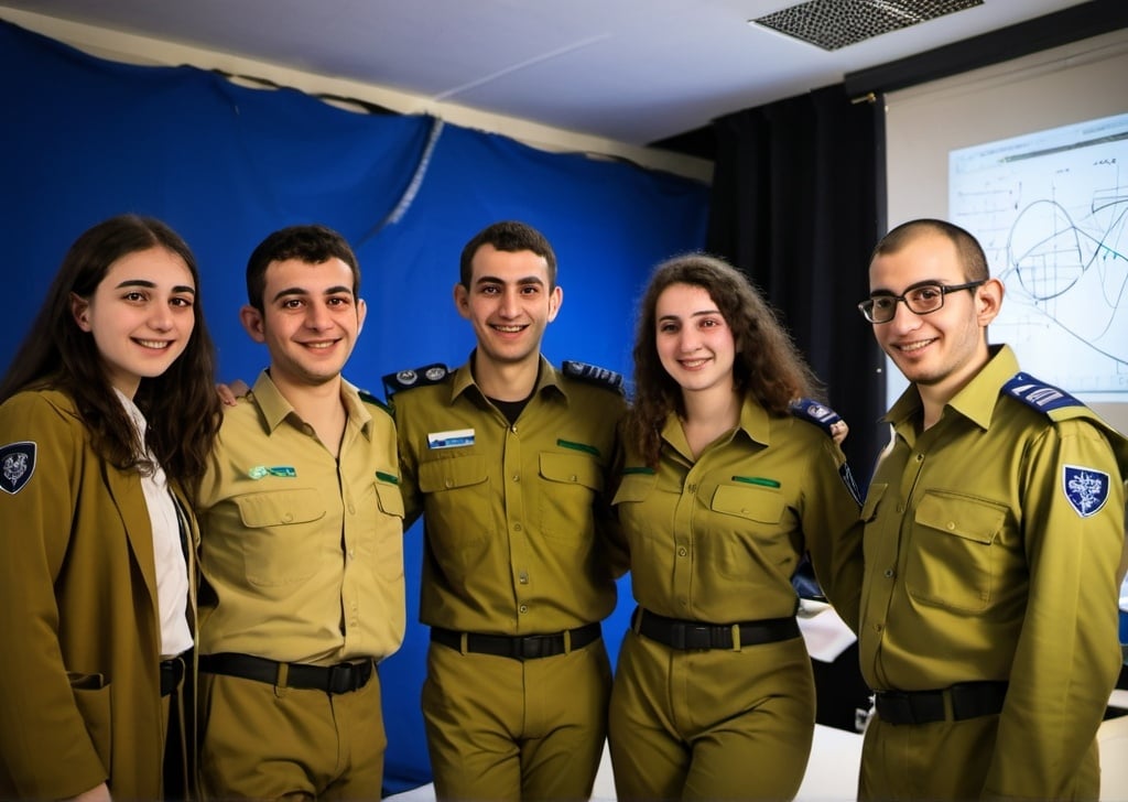 Prompt: Graduates of the IDF  soldiers Erezim program, including both men and women, conducting advanced technological research within the military. They are applying their rigorous academic training in mathematics and computer science to support critical missions and develop new technologies