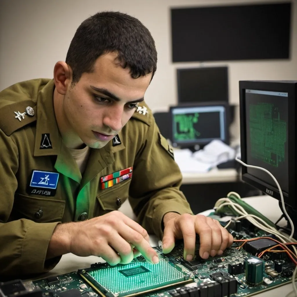 Prompt: IDF soldier developing a computer chip