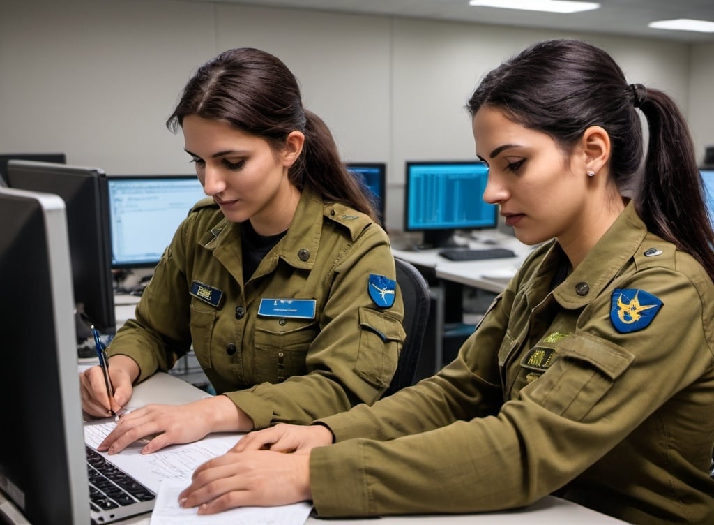 Prompt: IDF software testers, both male and female, using advanced automation tools to conduct comprehensive software testing. They are writing and executing automated tests in a collaborative team environment within the Air Force development unit, ensuring software reliability and performance