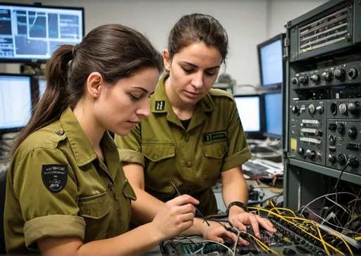 Prompt: IDF radio and communication system technicians, both male and female, diagnosing and fixing issues with military radio systems in a high-tech lab. They are working meticulously with advanced equipment to ensure reliable communication