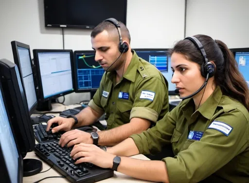 Prompt: IDF communication systems technicians, both male and female, actively managing and troubleshooting network issues in real-time during an emergency. They are equipped with advanced tools, ensuring continuous and efficient communication across all field operations