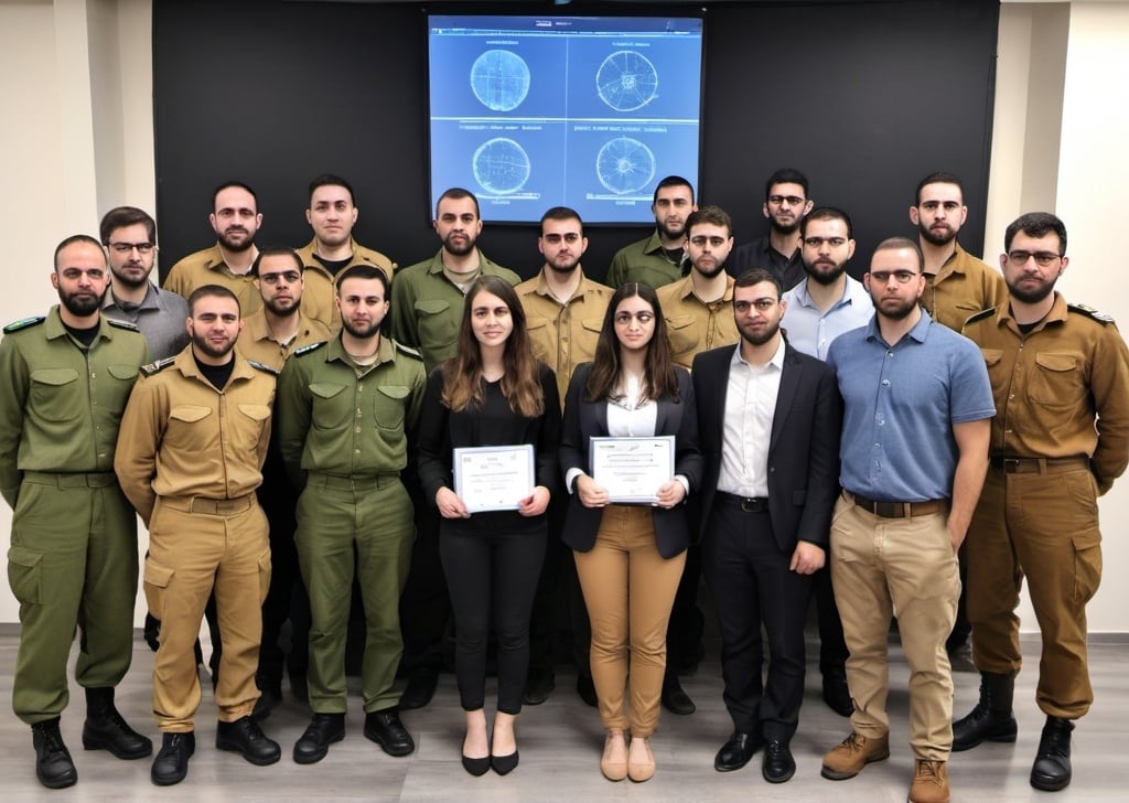 Prompt: A team of IDF Havatzalot program graduates, including both men and women, integrating their knowledge in mathematics, data science, and intelligence methods to develop predictive models. They are identifying potential threats and informing decision-making processes within the Military Intelligence Directorate