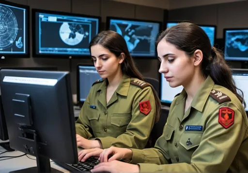 Prompt: Graduates of the IDF Agam program, both male and female, analyzing and processing intelligence data using advanced computer systems. They are working within the central collection unit of Military Intelligence, transforming raw data into actionable insights