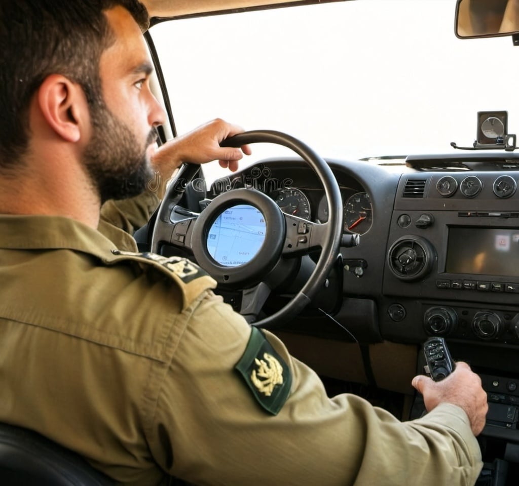 Prompt: a IDF soldier driving a car with a steering wheel and a dashboard monitor on the dash of the vehicle,, Avigdor Arikha, les automatistes, david lazar, a stock photo