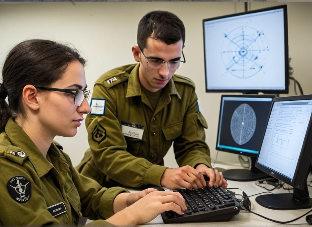 Prompt: IDF soldiers, both men and women, conducting advanced technological research within the military. They are applying their rigorous academic training in mathematics and computer science to support critical missions and develop new technologies