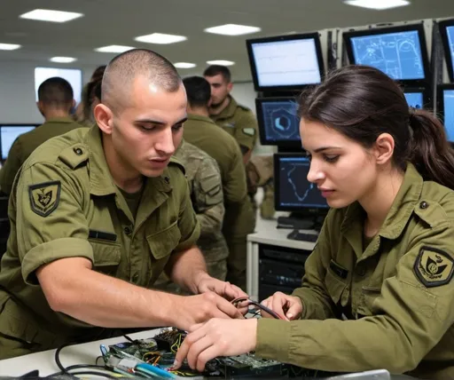 Prompt: IDF soldiers (both male and female) actively engaged in maintaining and troubleshooting advanced electronic systems in a high-tech military facility, demonstrating practical application of their training in real-world scenarios
