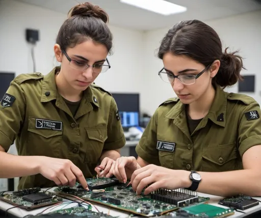 Prompt: IDF soldiers (both male and female) participating in an intensive electronics and physics training course, focused and engaged with complex circuit boards and testing equipment in a high-tech lab setting