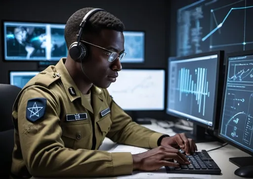 Prompt: black IDF soldier performing sophisticated data analysis and intelligence synthesis. He is employing his knowledge of advanced research techniques and technological systems to support critical intelligence operations