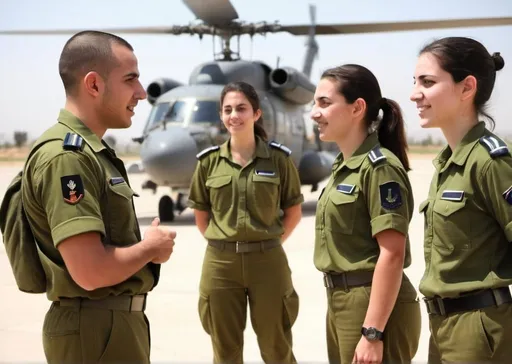 Prompt: IDF Air Force trainee platoon commanders, both male and female, conducting advanced training sessions for cadets in the pilot course and NCO courses. They are imparting crucial skills and knowledge, shaping the future leaders of the Air Force