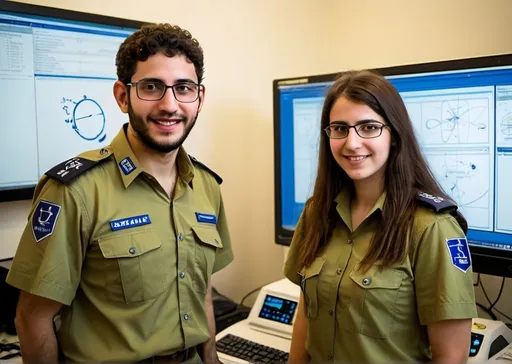 Prompt: IDF soldiers program graduates, male and female, utilizing their academic knowledge in physics, computers, and mathematics to conduct in-depth research and analysis of various threats. They are developing effective intelligence responses to safeguard Israel's security