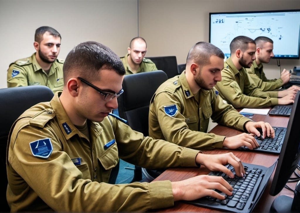 Prompt: IDF cyber soldiers, collaborating on sophisticated cyber defense tasks. They are leveraging their Amnon course training to execute high-level technological solutions and support ongoing intelligence operations