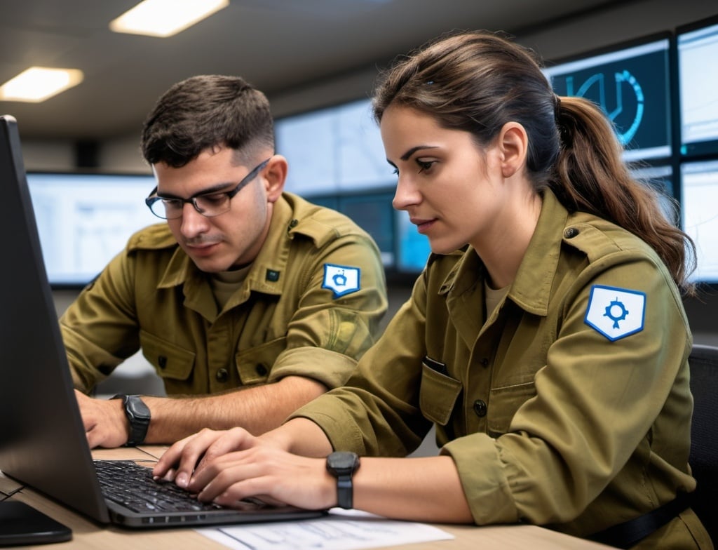 Prompt: IDF soldiers (male and female) collaborating on automating infrastructure processes using advanced DevOps tools and techniques, showcasing seamless integration of development and operations in a military setting