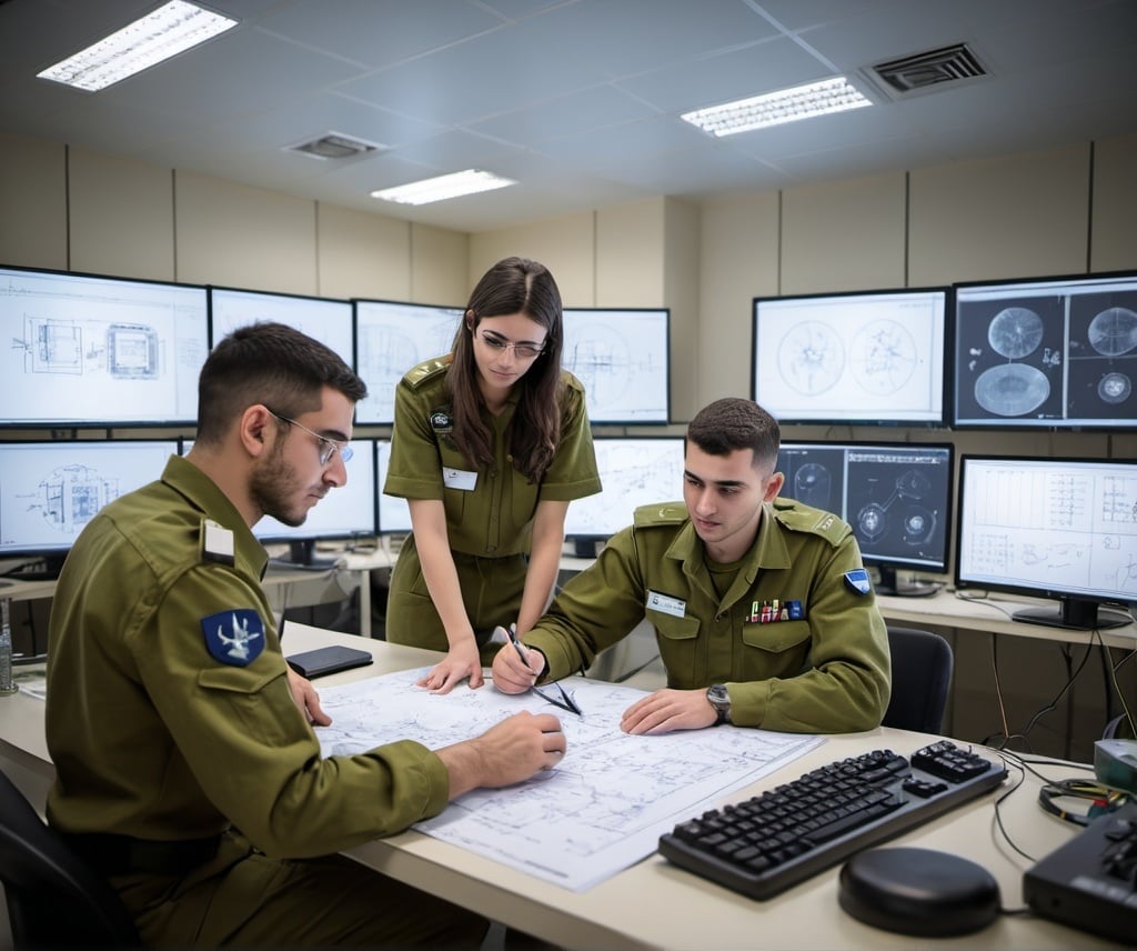 Prompt: Group of IDF soldiers (male and female) in uniform, collaborating on electronic and physics research projects, surrounded by diagrams, computers, and various scientific instruments in a modern training facility