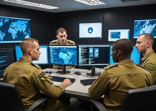 Prompt: IDF cyber intelligence officers, including both black and white people, sitting next to computer within military cyber units. They are using their expertise in modern technologies and intelligence research to innovate and strengthen the IDF's cyber capabilities