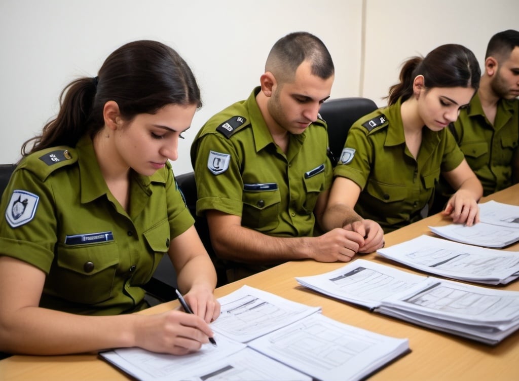 Prompt: IDF soldiers (male and female) meticulously sorting and categorizing received intelligence reports by topic, constructing a comprehensive situational awareness in their specialized field