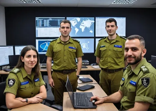 Prompt: A team of IDF cyber intelligence officers, including both men and women, utilizing their technical and research skills to support operational missions. They are working on cutting-edge cyber projects, analyzing data, and developing strategic insights to protect Israel's security