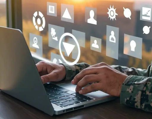Prompt: a soldier using a laptop with icons coming out of it on a table in front of a window with a sun shining through, Andries Stock, les automatistes, technology, computer graphics