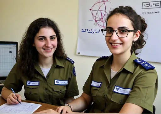 Prompt: IDF soldiers Erezim program graduates, both male and female, applying their dual-degree education in mathematics and computer science from Tel Aviv University. They are leveraging their academic knowledge to tackle complex mathematical problems and conduct technological research within the military