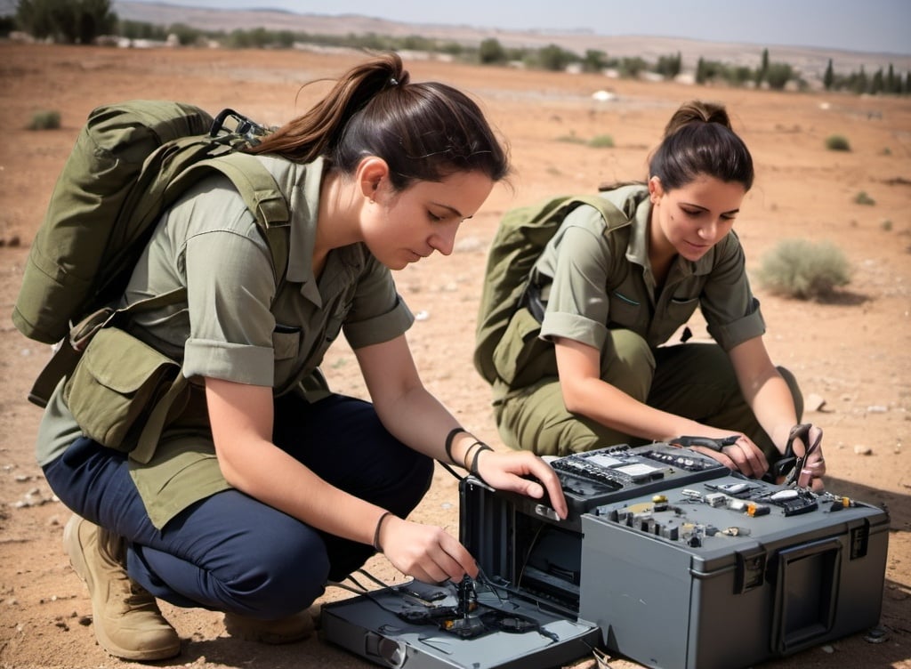 Prompt: IDF communication systems technicians, both male and female, physically repairing and maintaining communication equipment at a remote field site. They are working with tools and hardware, ensuring all systems are operational and secure