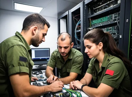 Prompt: A team of IDF technicians, including both men and women, setting up and maintaining cutting-edge communication networks in collaboration with high-tech company ECI-Ribbon Communication. They are on-site, connecting and testing sophisticated transmission systems