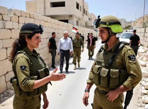 Prompt: IDF soldiers (male and female)  facilitating infrastructure projects and providing advice on Palestinian affairs, working closely with international communities and various security agencies