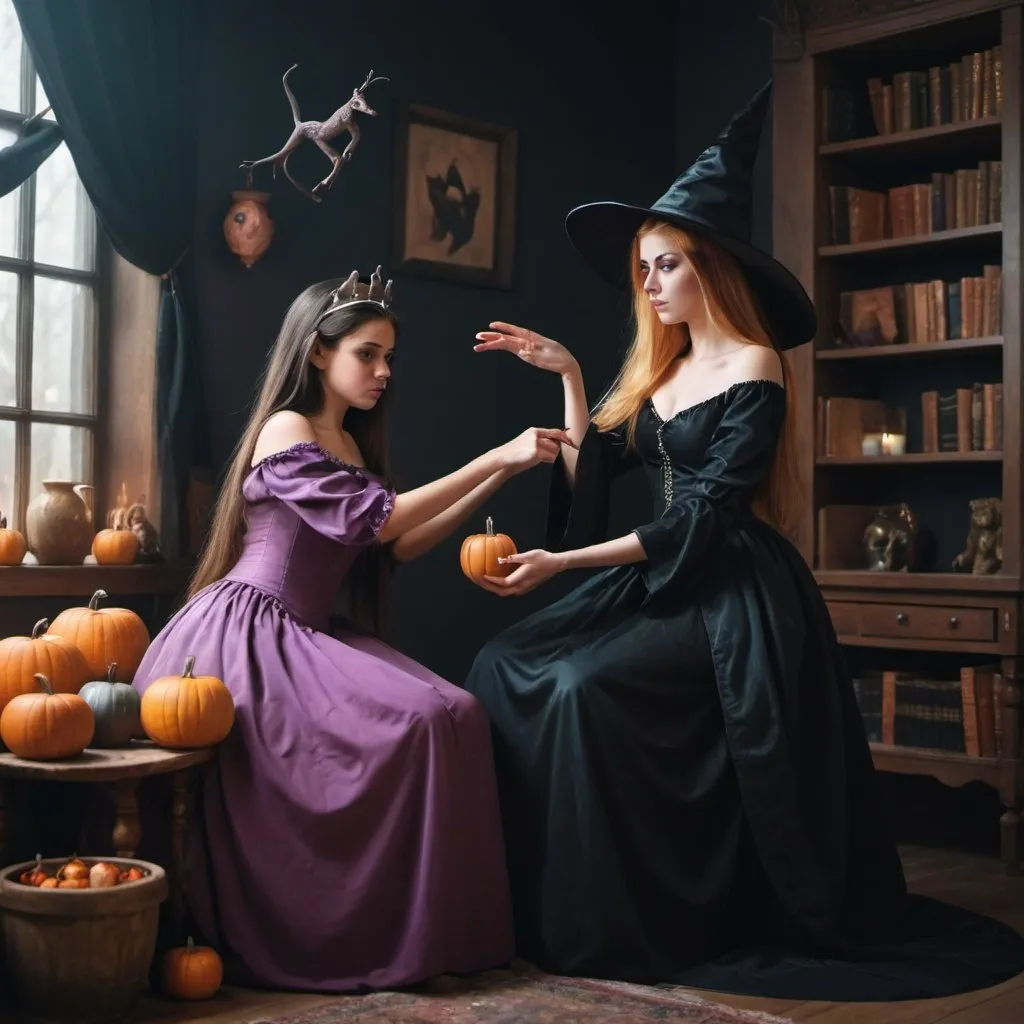 Prompt: a witch manipulating a princess