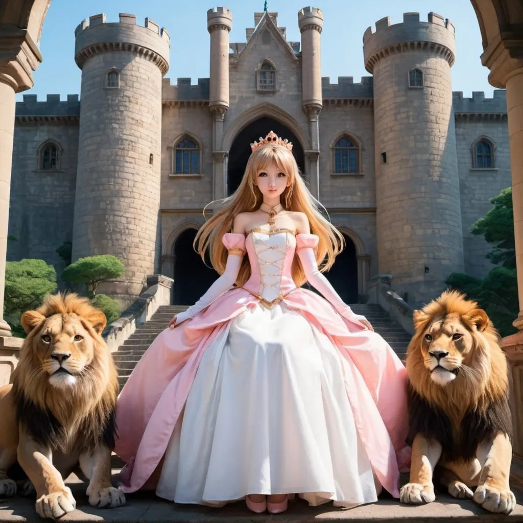 Prompt: anime princess in a castle with lions



