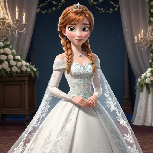 Prompt: 
princess anna in a  wedding dress

