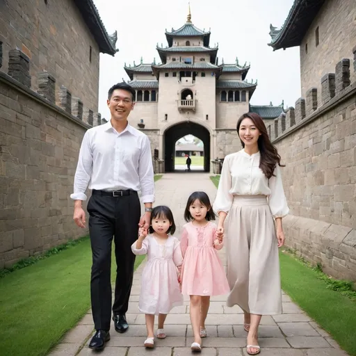 Prompt: asian family in a castle with two kids

