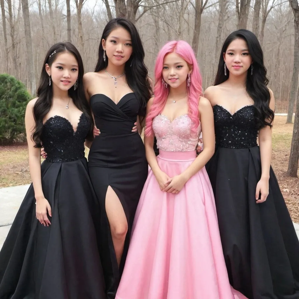 Prompt: black pink in prom dresses