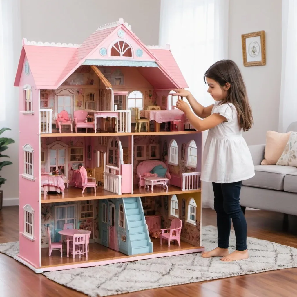 Prompt: girl playing with a big dollhouse
