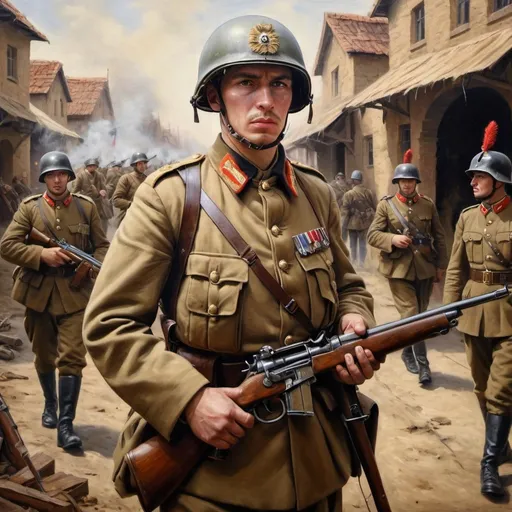 Prompt: Soldier in special garments, oil painting, bustling war area, detailed guns, realistic, old style, warm tones, natural lighting, high quality, detailed, war land, realism, military uniform, battle scene, professional, historical, intense atmosphere, traditional art, detailed textiles, realistic weapons