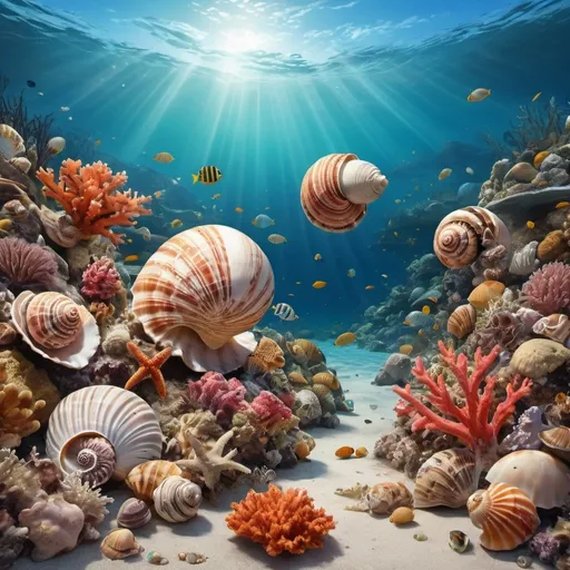 Prompt: Realistic ocean scene with diverse mollusks, vibrant coral reefs, clear water, natural lighting, high quality, realistic style, detailed shells, rich colors, underwater environment, diverse marine life, intricate details, serene atmosphere