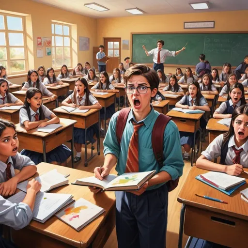 Prompt: Realistic illustration of a student disrupting a classroom, traditional painting, crowded classroom scene, high quality, realism, detailed expressions, vibrant colors, natural lighting, chaotic atmosphere, student causing disturbance, annoyed teacher, startled classmates, traditional art, realistic style, bustling classroom, colorful, natural lighting