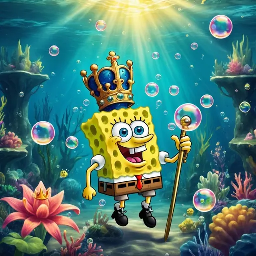 Prompt: Fantasy illustration of a Spongebob-themed realm, vibrant and surreal colors, cartoonish style, underwater kingdom, Spongebob as a regal king with a golden crown, Patrick as a loyal knight with a shining armor, magical bubbles floating in the air, underwater flora and fauna, high quality, fantasy, vibrant colors, surreal, cartoonish style, regal Spongebob, loyal knight Patrick, magical bubbles, underwater kingdom, fantasy flora and fauna, vibrant lighting