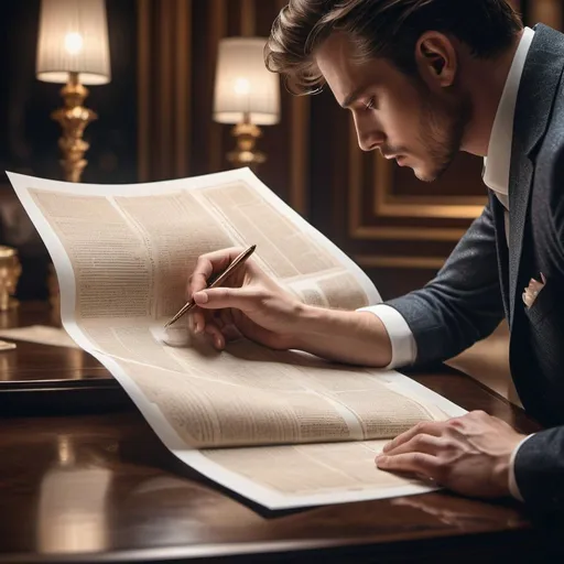 Prompt: Person gazing at paper, luxury style, high-end materials, rich textures, intricate details, ads-luxury, high quality, highres, detailed, professional, luxurious, elegant lighting, rich color tones