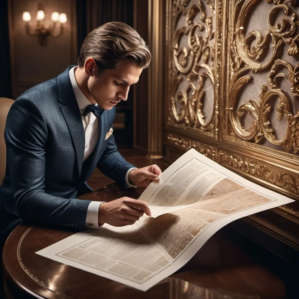 Prompt: Person gazing at paper, luxury style, high-end materials, rich textures, intricate details, ads-luxury, high quality, highres, detailed, professional, luxurious, elegant lighting, rich color tones