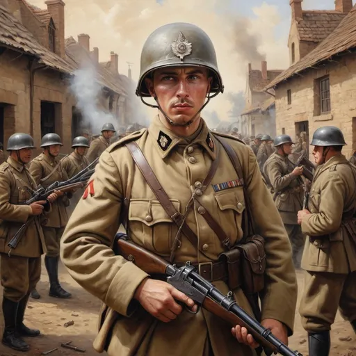 Prompt: Soldier in special garments, oil painting, bustling war area, detailed guns, realistic, old style, warm tones, natural lighting, high quality, detailed, war land, realism, military uniform, battle scene, professional, historical, intense atmosphere, traditional art, detailed textiles, realistic weapons