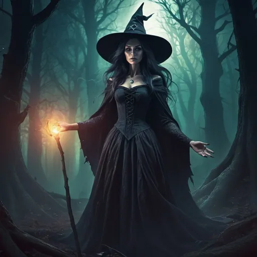 Prompt: Fantasy illustration of a menacing witch controlling a distressed princess, magical aura, enchanted forest background, detailed character features, dark and mysterious color palette, high quality, fantasy, witch, princess, magical manipulation, menacing, distressed, enchanted forest, detailed characters, dark colors, mysterious, atmospheric lighting