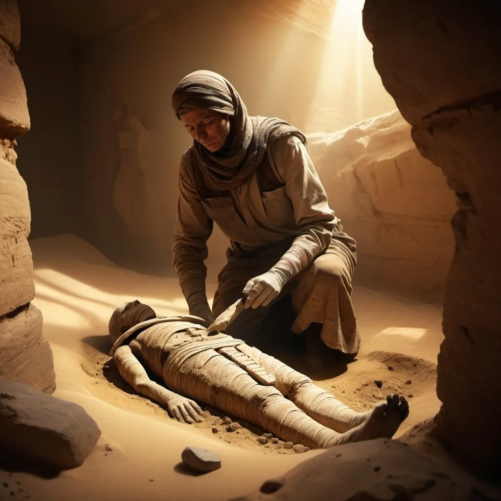 Prompt: A person excavating a mummy, dusty desert environment, realistic digital painting, intense lighting and shadows, ancient artifacts, archaeological discovery, high quality, detailed textures, realistic, historical, dusty tones, dramatic lighting