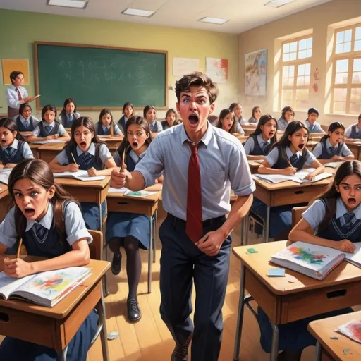 Prompt: Realistic illustration of a student disrupting a classroom, traditional painting, crowded classroom scene, high quality, realism, detailed expressions, vibrant colors, natural lighting, chaotic atmosphere, student causing disturbance, annoyed teacher, startled classmates, traditional art, realistic style, bustling classroom, colorful, natural lighting