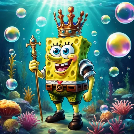 Prompt: Fantasy illustration of a Spongebob-themed realm, vibrant and surreal colors, cartoonish style, underwater kingdom, Spongebob as a regal king with a golden crown, Patrick as a loyal knight with a shining armor, magical bubbles floating in the air, underwater flora and fauna, high quality, fantasy, vibrant colors, surreal, cartoonish style, regal Spongebob, loyal knight Patrick, magical bubbles, underwater kingdom, fantasy flora and fauna, vibrant lighting