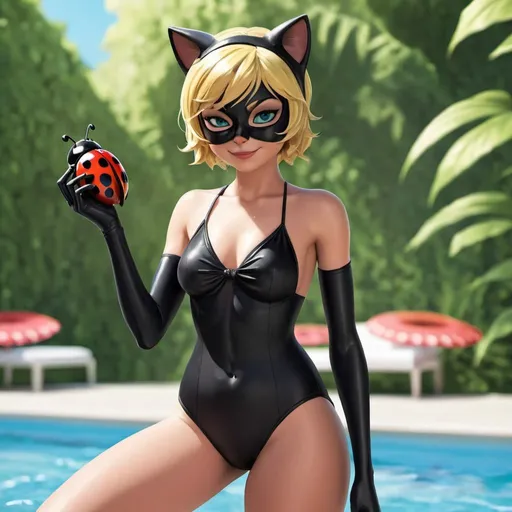 Prompt: cat noir in a swimsuit with ladybug




