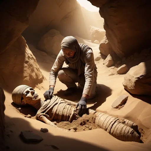 Prompt: A person excavating a mummy, dusty desert environment, realistic digital painting, intense lighting and shadows, ancient artifacts, archaeological discovery, high quality, detailed textures, realistic, historical, dusty tones, dramatic lighting